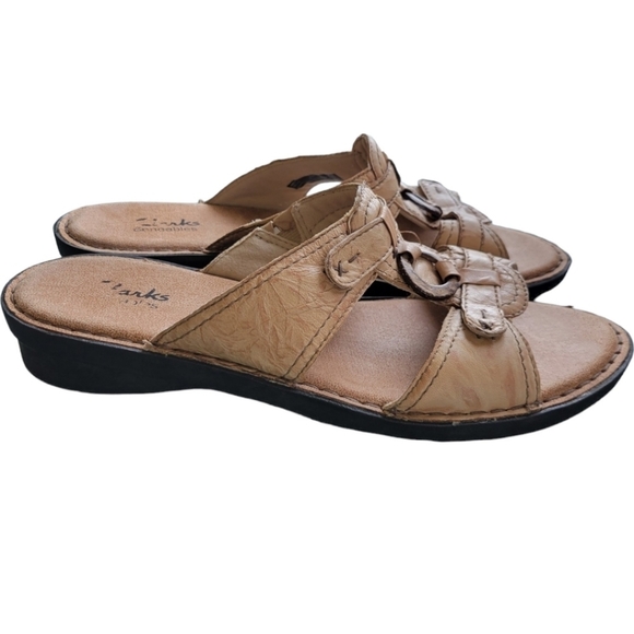 CLARKS Bendables Women's Sz 10 Nikki Peridot Leather T Strap Slide Sandal Tan - Picture 2 of 11